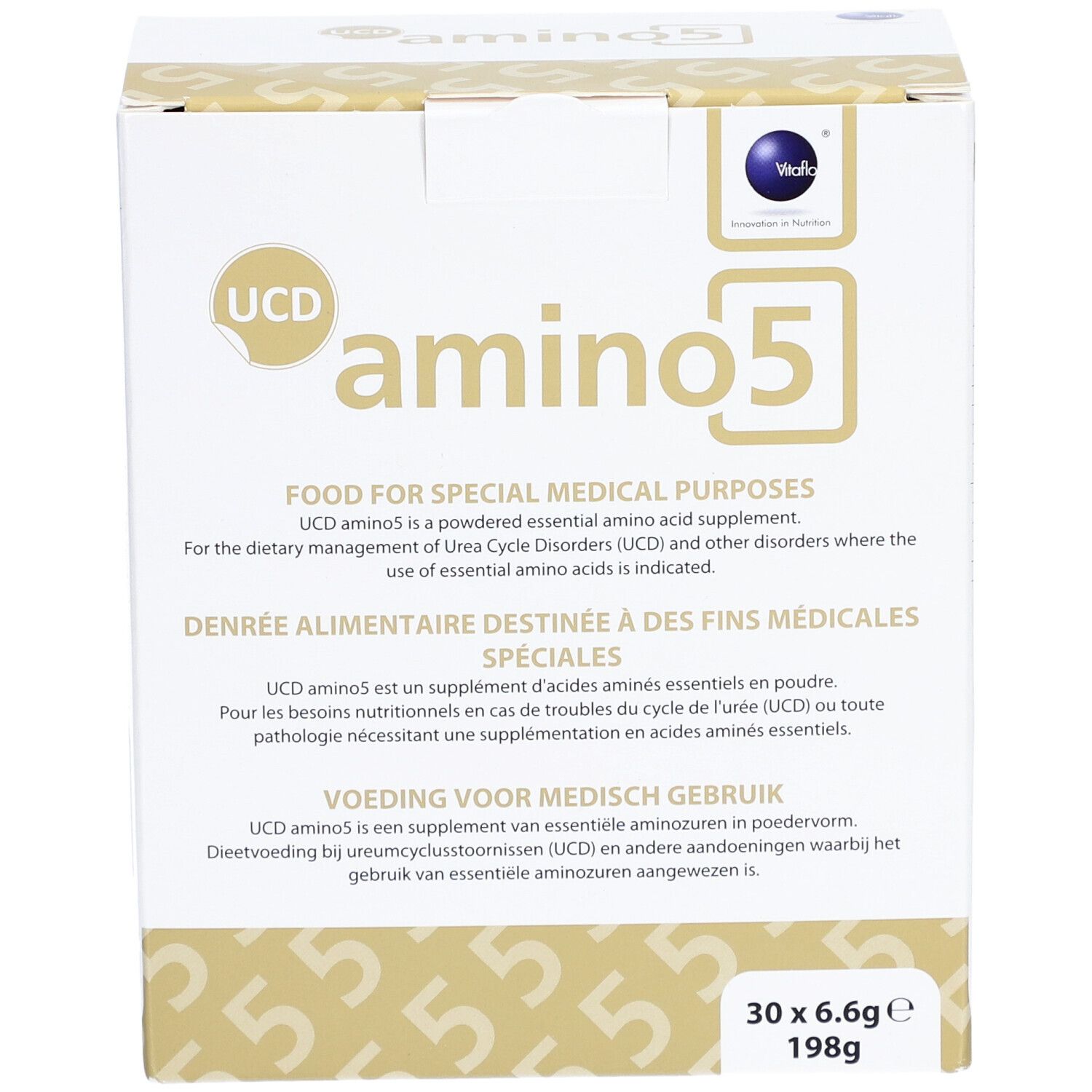 Face avant de l'emballage en carton blanc. Logo "UCD amino5". Texte : "FOOD FOR SPECIAL MEDICAL PURPOSES". 30 x 6.6g, 198g.
