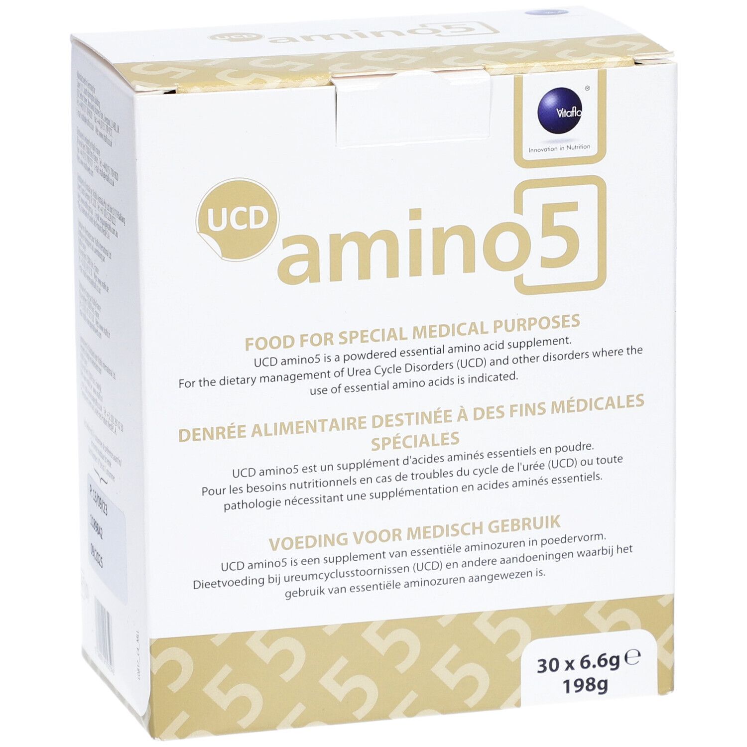 Face avant de l'emballage en carton blanc. Logo "UCD amino5". Texte : "FOOD FOR SPECIAL MEDICAL PURPOSES". 30 x 6.6g, 198g.