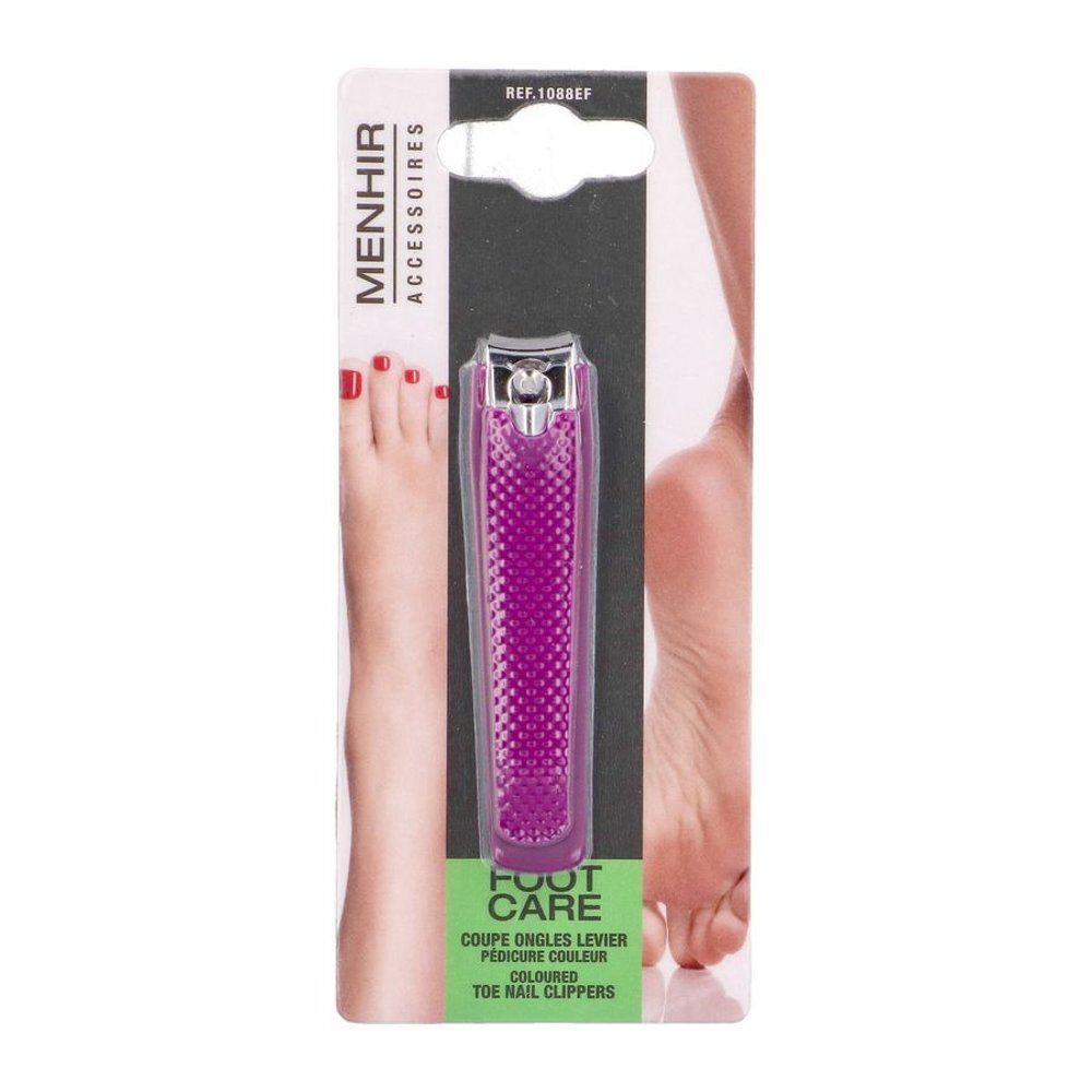 Coupe-ongles violet en emballage. Marque Menhir Accessoires. Inscription: Foot Care, Coupe ongles levier, Pédicure couleur, Toe nail clippers.