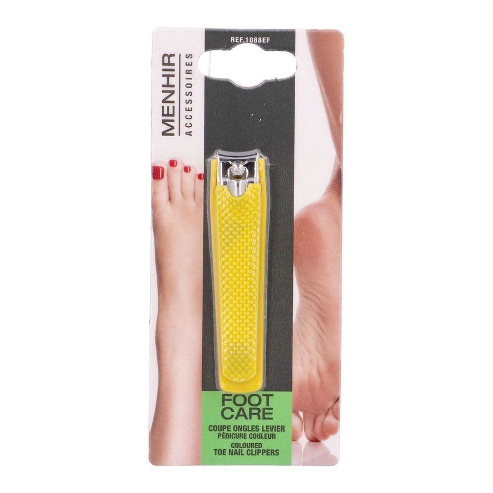 Coupe-ongles jaune en emballage. Marque Menhir Accessoires. Inscription: Foot Care, Coupe ongles levier, Pédicure couleur, Toe nail clippers.