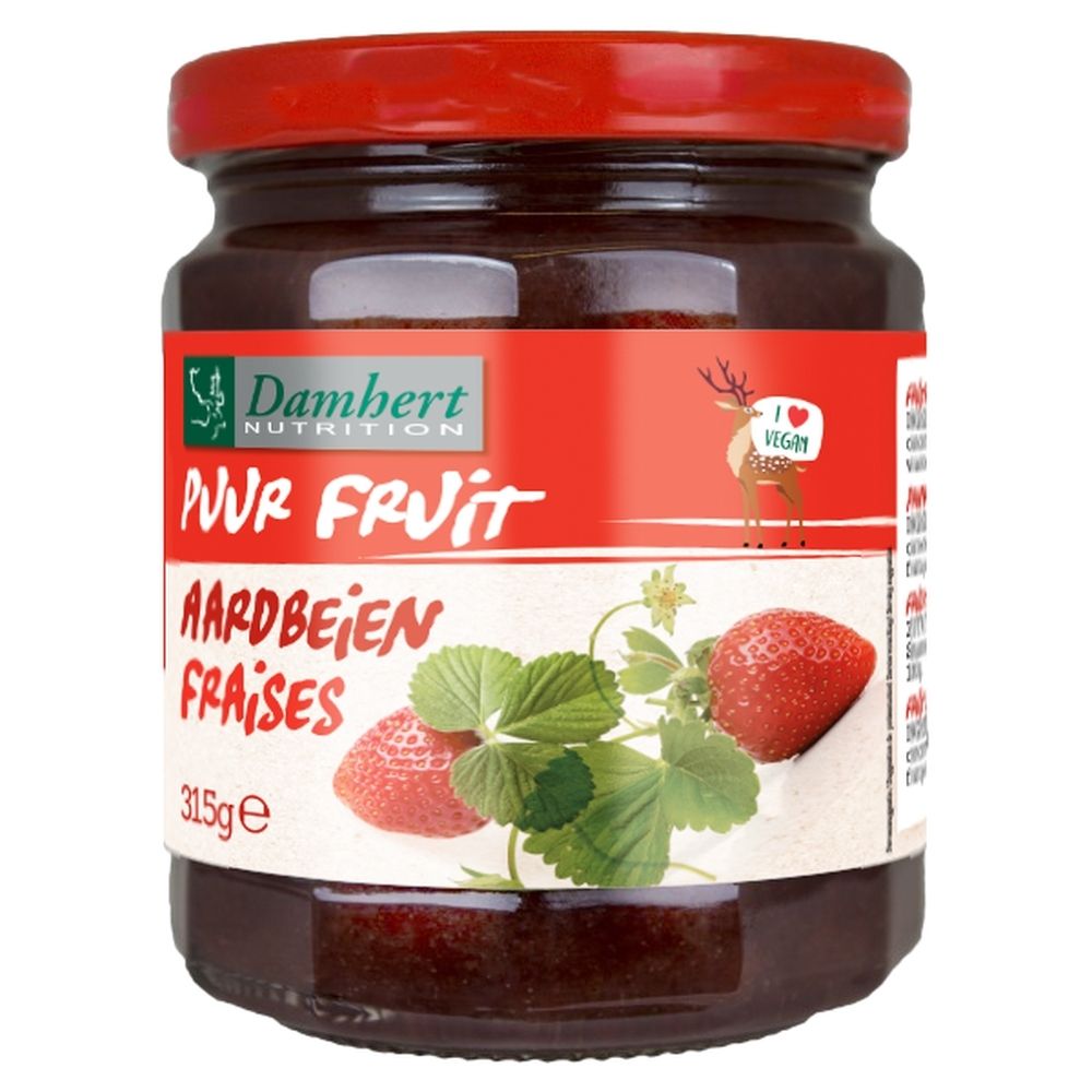Pot de confiture de fraises Damhert, 315g. Étiquette en néerlandais avec des fraises et des feuilles.