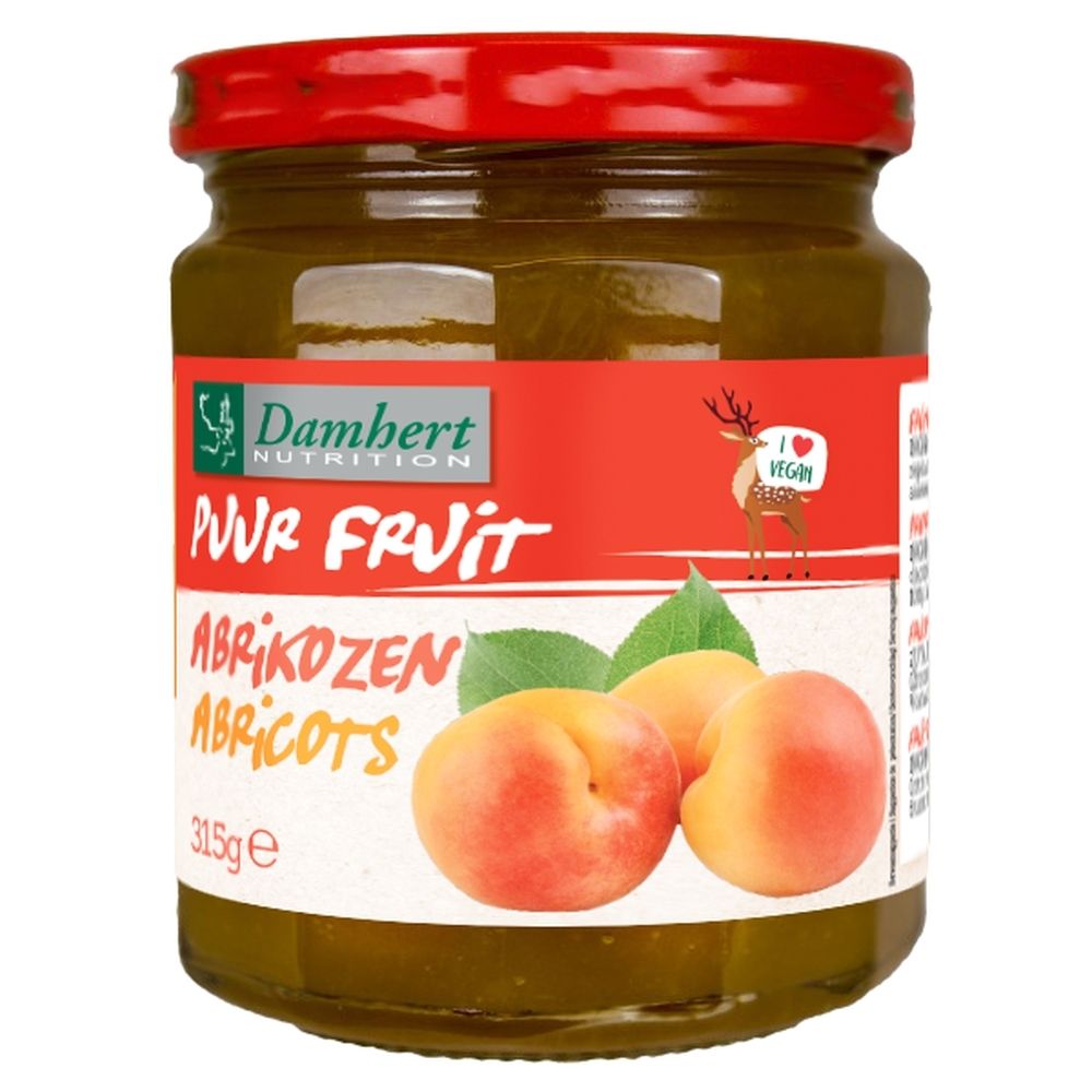 Confiture Damhert Puur Fruit Abricots en pot, 315g. Avec abricots entiers et décor de feuilles.