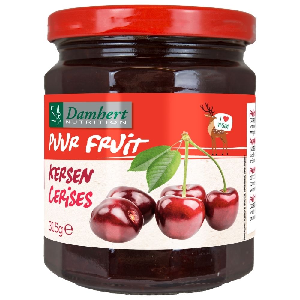 Pot de confiture Damhert Puur Fruit Cerises, avec cerises et mention 'Vegan'.