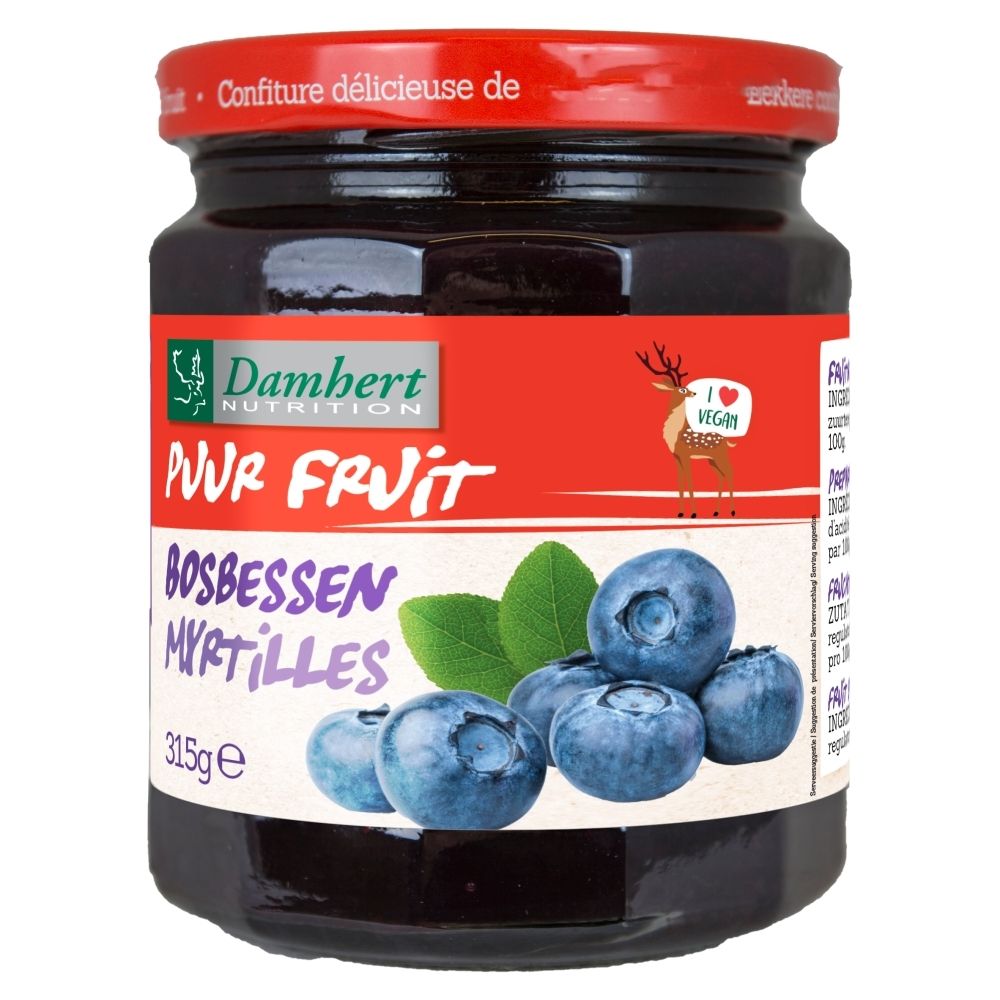 Bocal de confiture de myrtilles Damhert, vue de face avec étiquette montrant des myrtilles et le logo Damhert.