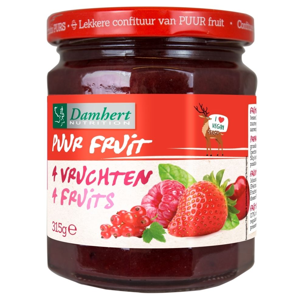 Pot de confiture 4 fruits Damhert, étiquette française, avec images de fruits.