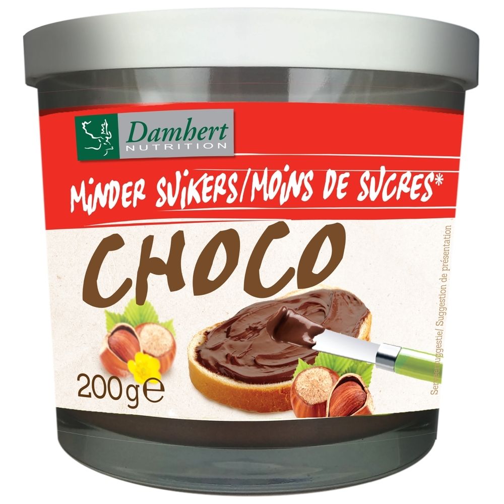 Pot de 200g de crème choco-noisettes Damhert avec inscription 'Minder Suikers/Moins de Sucres'.