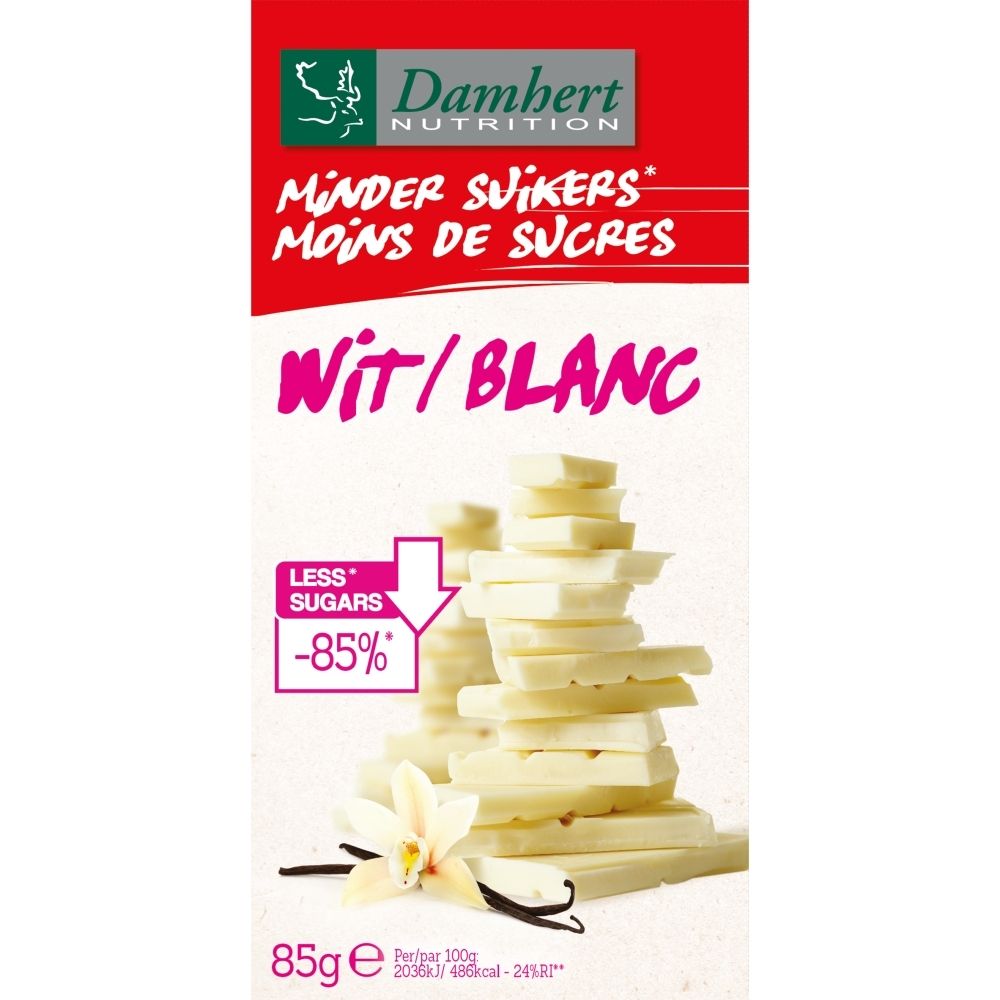 Chocolat blanc Damhert, paquet de 85g avec des morceaux de chocolat empilés et de la vanille.