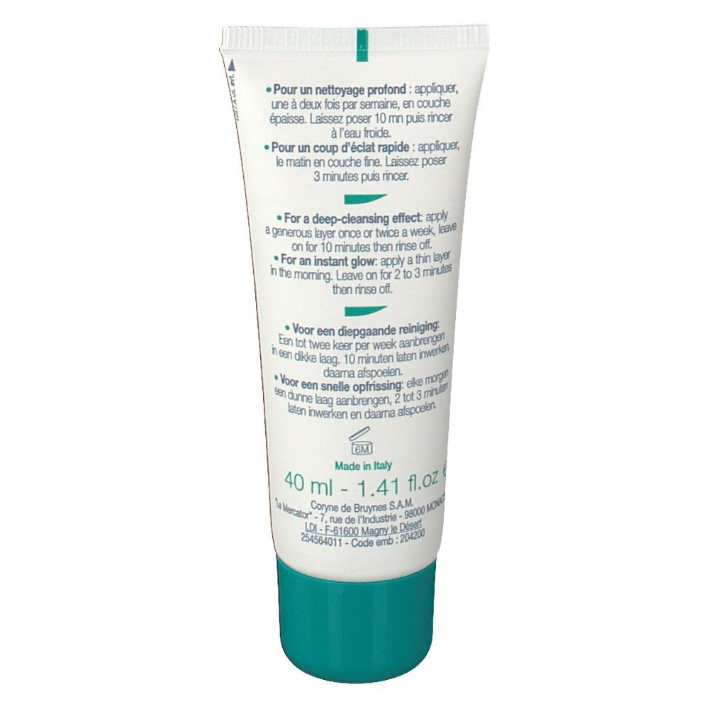 Dos du tube de crème. Texte en français, anglais et néerlandais. Indication de volume.