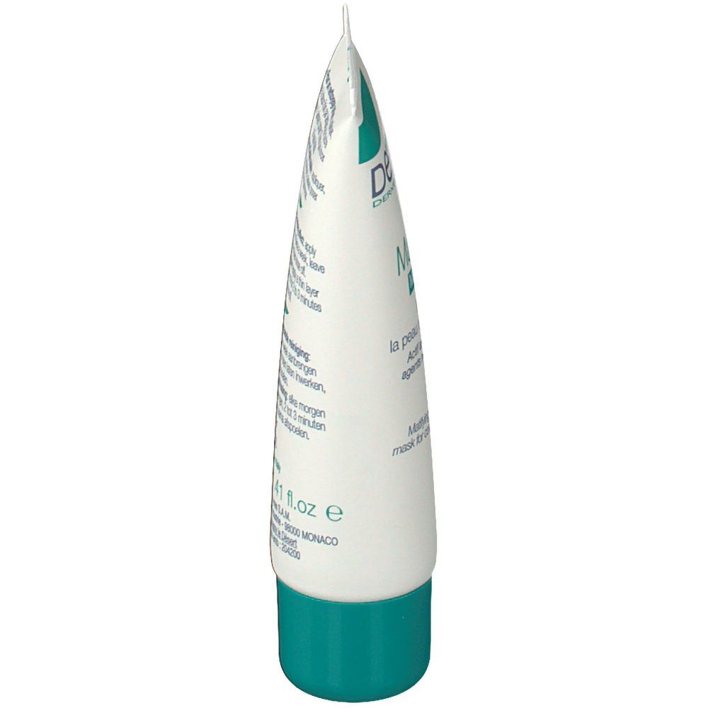 Vue latérale du tube de crème. Emballage blanc et vert. Texte en français et anglais.