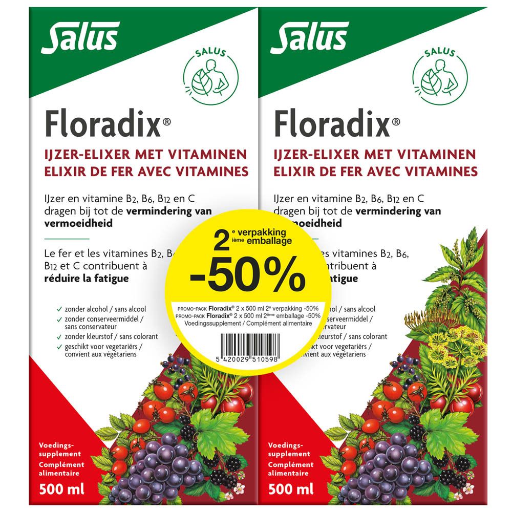 Salus Floradix Éixir de fer liquide avec vitamines, 500 ml. Sans conservateur, colorant, alcool, lactose.