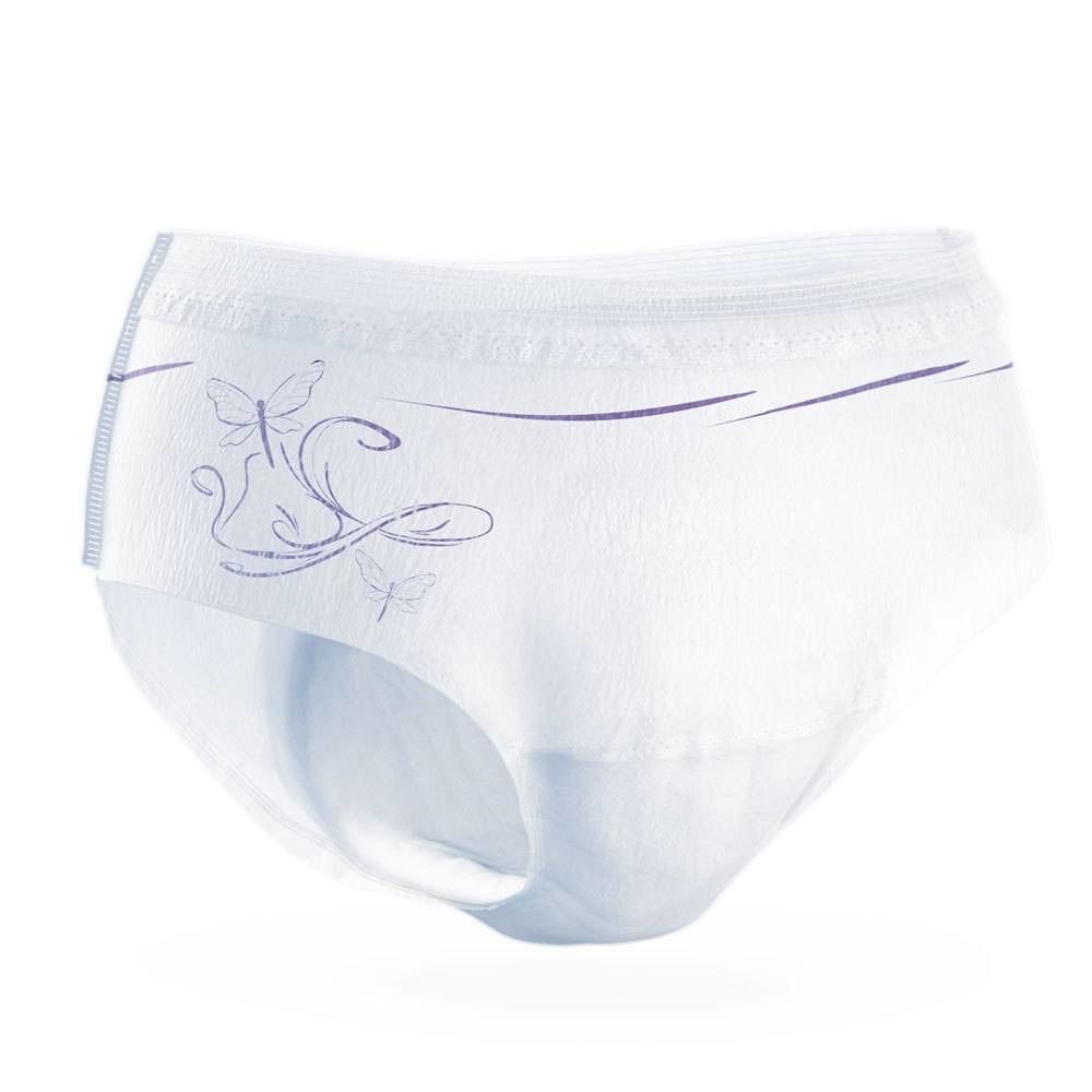Culotte d'incontinence blanche avec décorations violettes. Motif papillons. Coupe confortable.