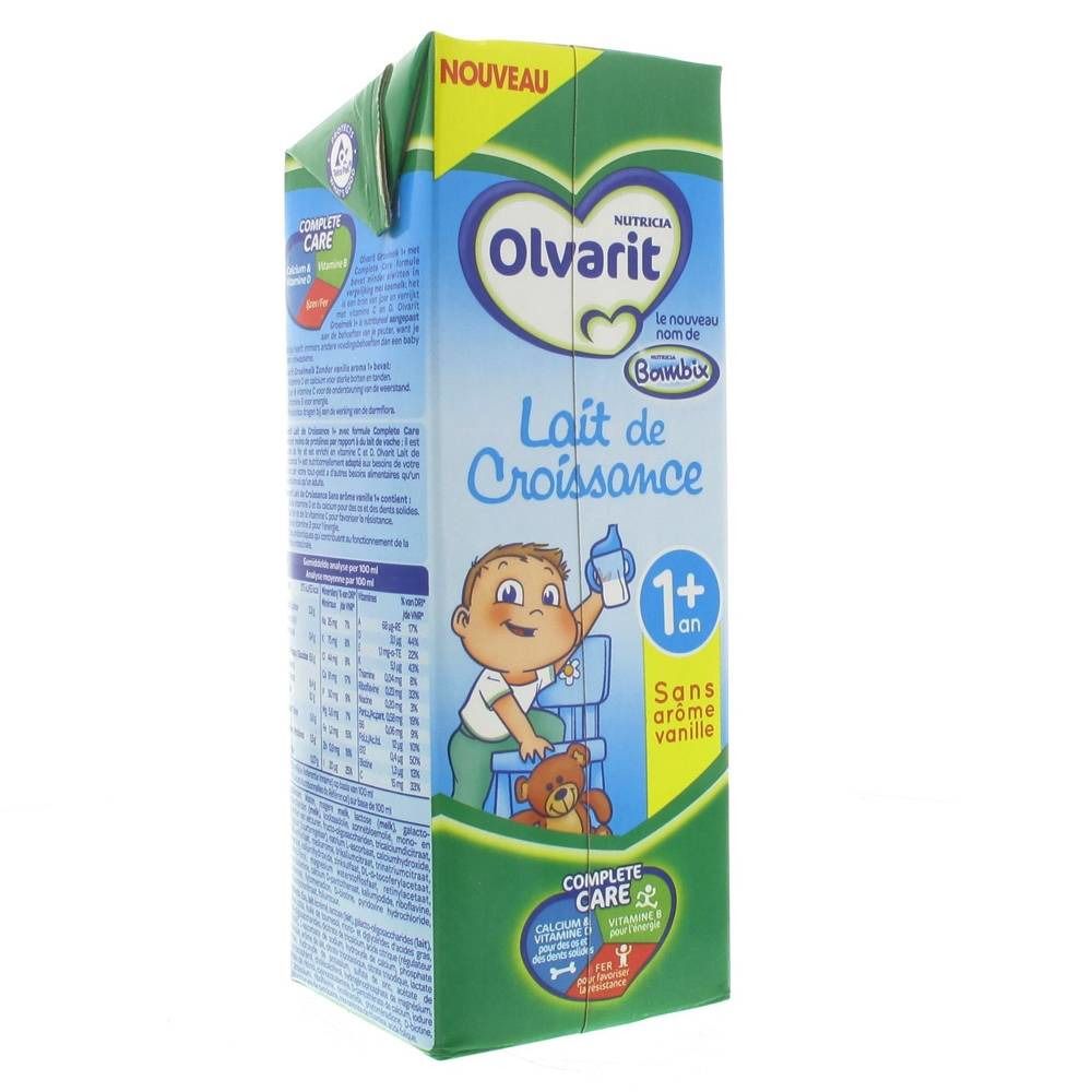 Emballage de Lait de Croissance Olvarit. Emballage bleu et vert avec illustration de bébé. Texte : Lait de Croissance, 1+ an, Sans arôme vanille.