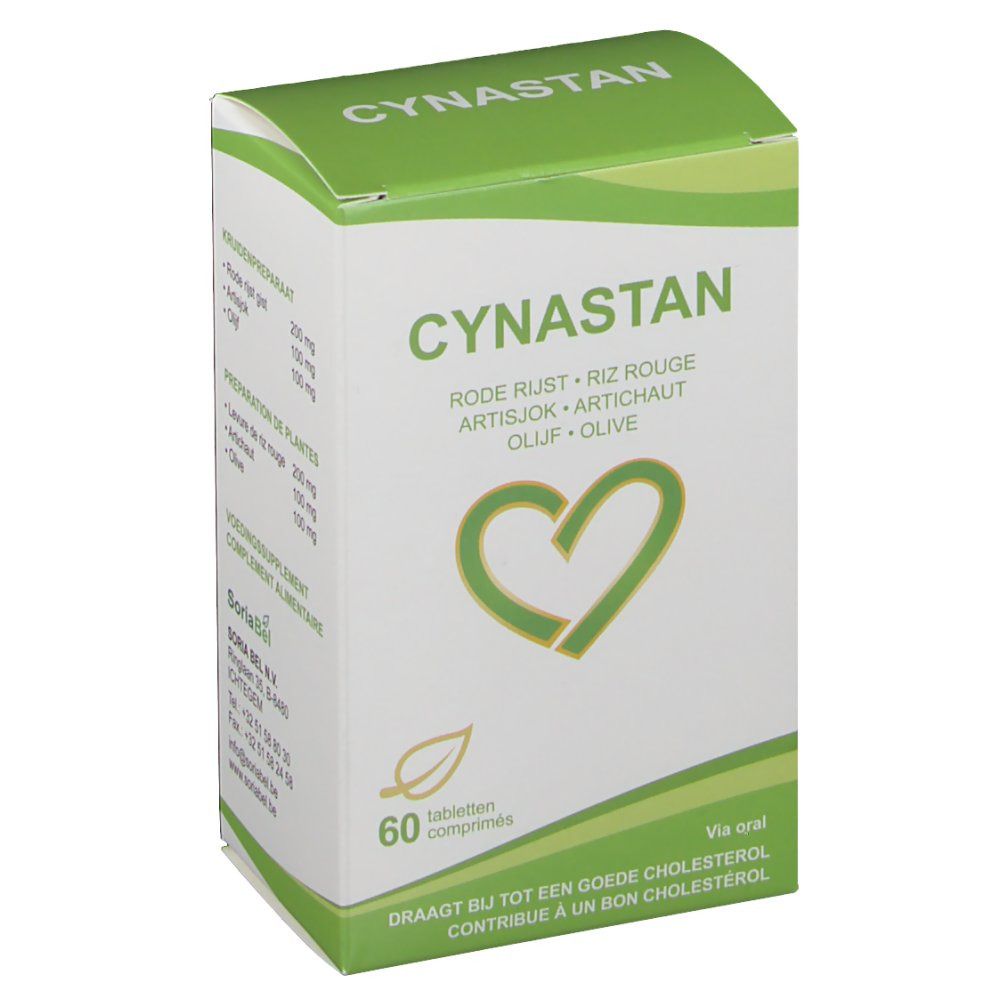 Boîte Cynastan, blanche et verte. Contient Riz rouge, Artichaut, Olive. 60 comprimés. Logo cœur.