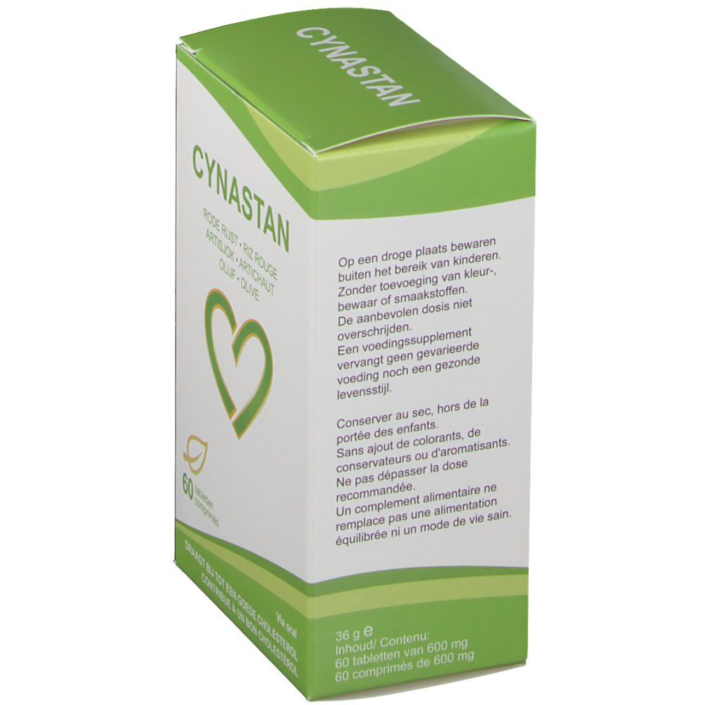 Boîte Cynastan, blanche et verte. Contient Riz rouge, Artichaut, Olive. 60 comprimés. Ingrédients au dos.