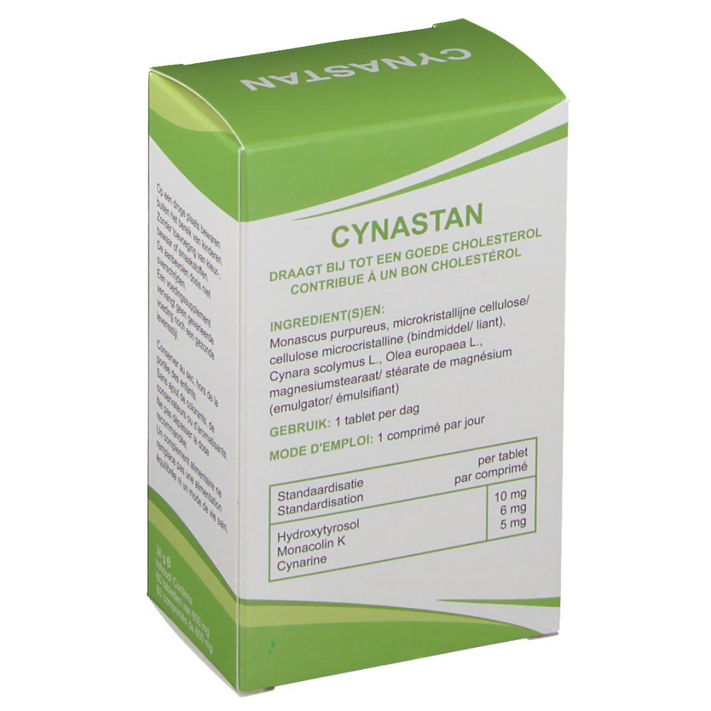 Dos de la boîte Cynastan. Ingrédients: Monascus purpureus, Cellulose, Cynara scolymus, Olea europaea.