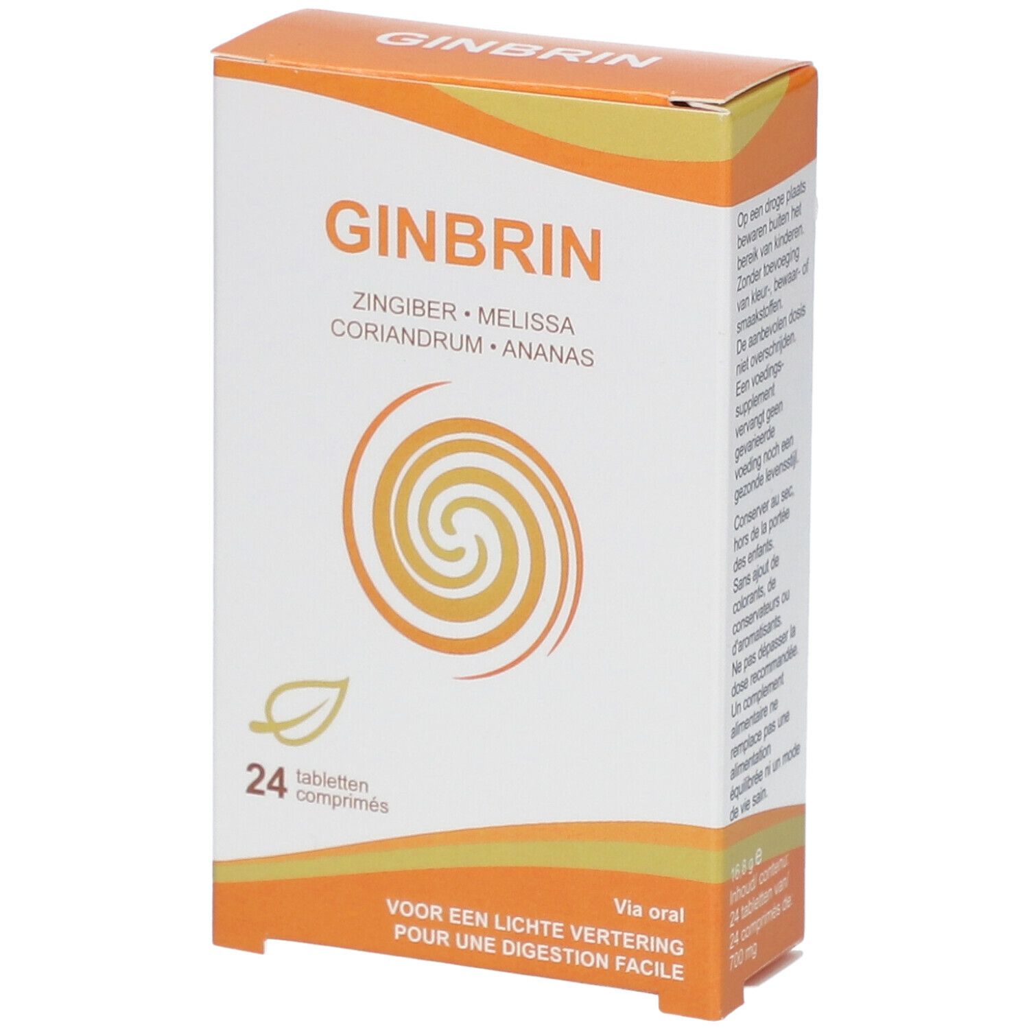 Boîte de GINBRIN, 24 comprimés. Ingrédients : gingembre, mélisse, coriandre, ananas. Boîte orange et blanche.