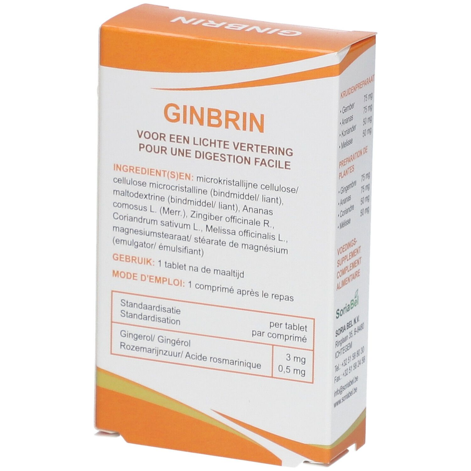 Boîte GINBRIN. Liste des ingrédients et dosage. 24 comprimés. Boîte orange et blanche. Mode d'emploi : 1 comprimé après le repas.