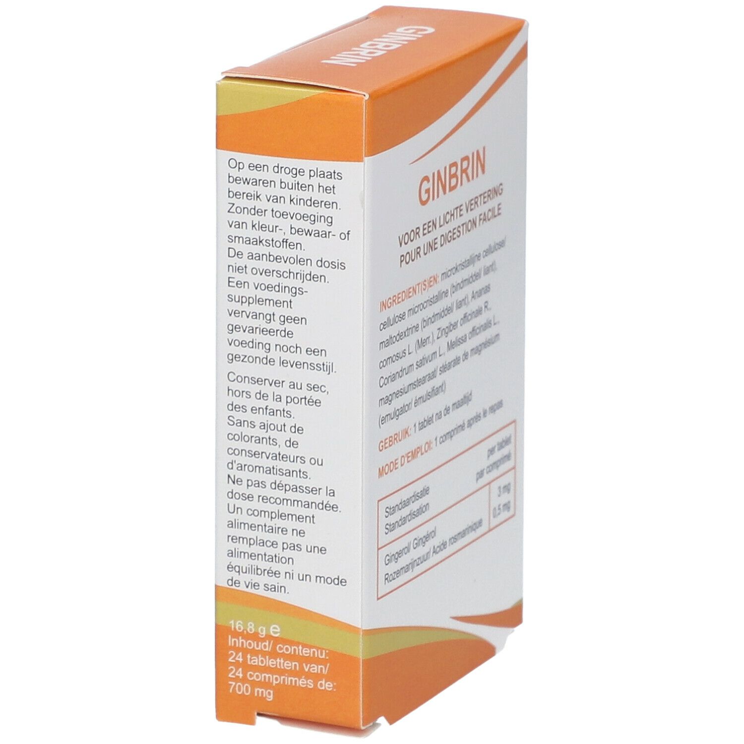 Boîte GINBRIN, 24 comprimés. Boîte orange et blanche. Texte : Pour une digestion facile. Contenu : 16,6 g.