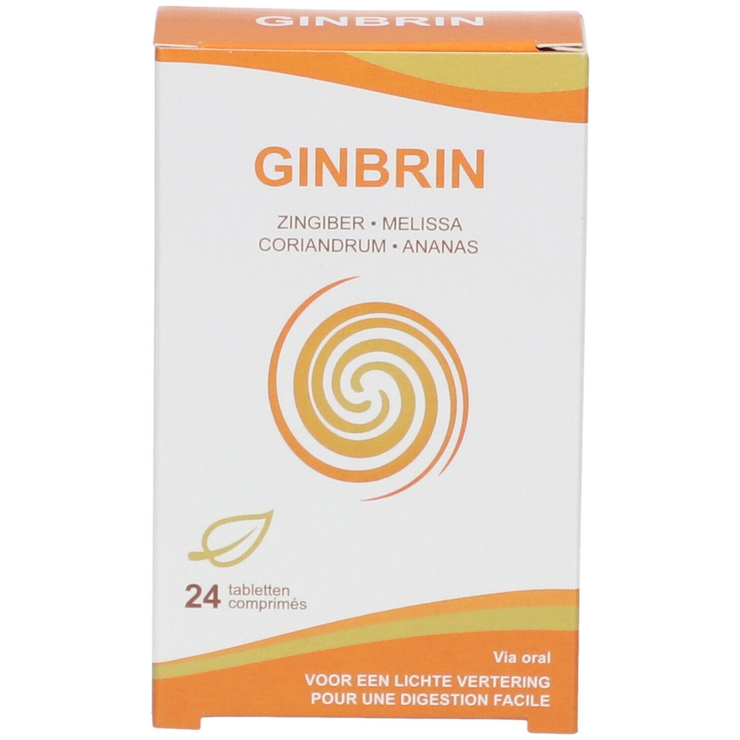 Boîte de GINBRIN, 24 comprimés. Ingrédients : gingembre, mélisse, coriandre, ananas. Boîte orange et blanche.