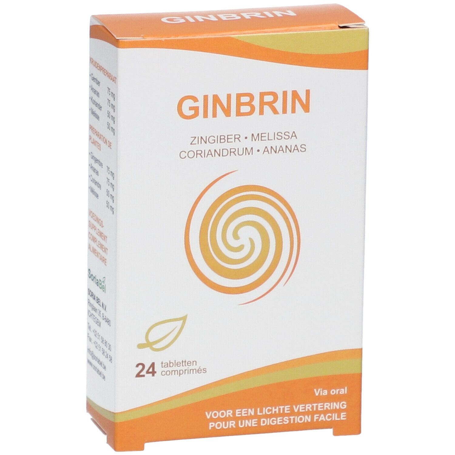 Boîte de GINBRIN, 24 comprimés. Ingrédients : gingembre, mélisse, coriandre, ananas. Boîte orange et blanche.