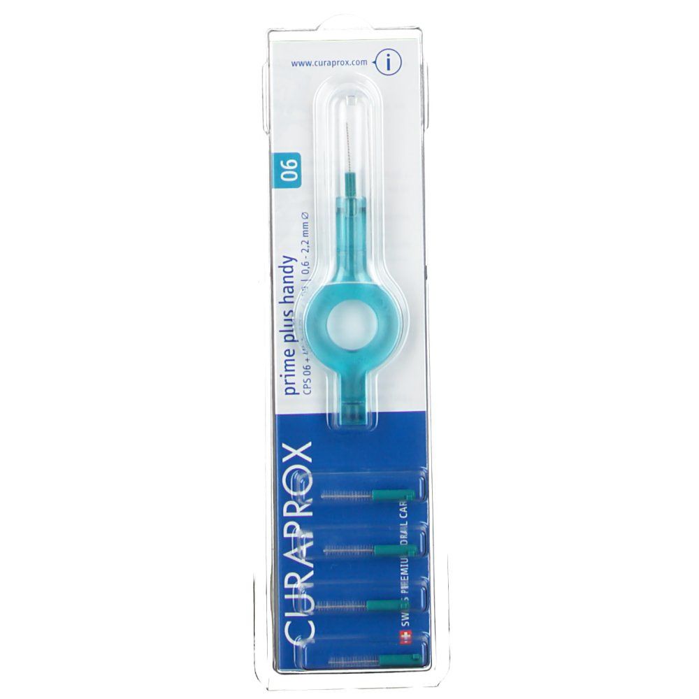 Brosse interdentaire avec manche bleu et brins verts, emballage blister. Logo "Curaprox" visible.