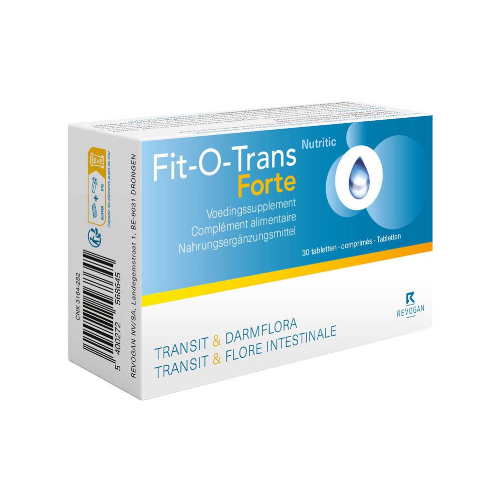 Boîte Fit-O-Trans Forte. Complément alimentaire. Femme en yoga. Texte: Transit & flore intestinale.