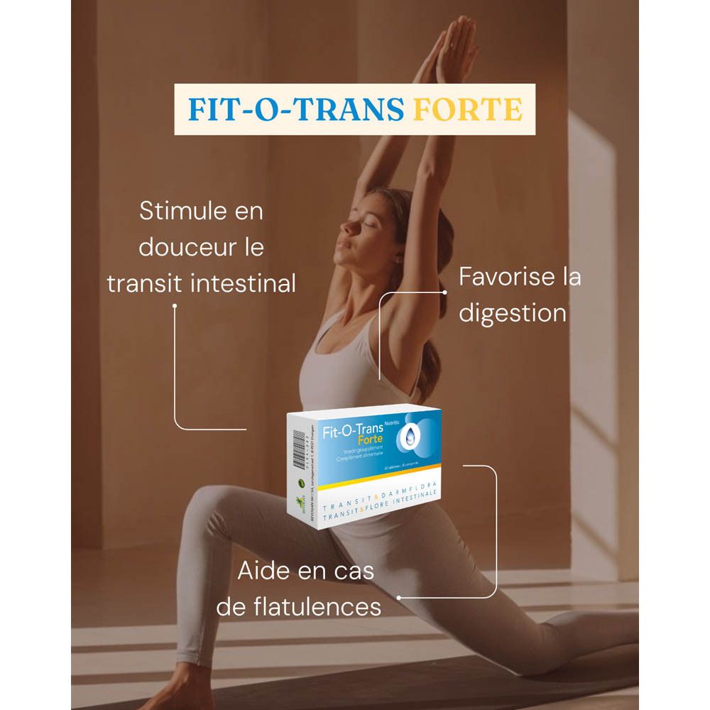 Image produit et texte. Complément alimentaire à base de plantes. Pour le confort intestinal. Fond vert.