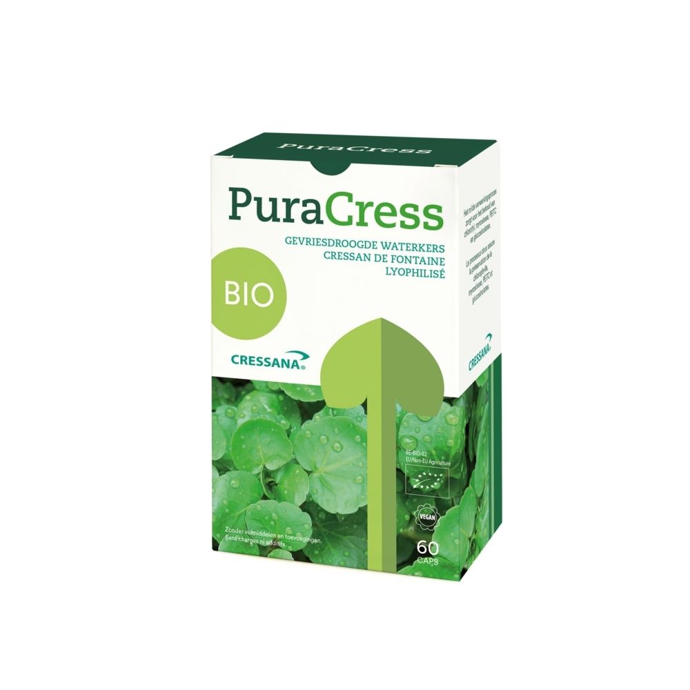Boîte PuraCress de 60 gélules, 100% cresson de fontaine lyophilisé bio.