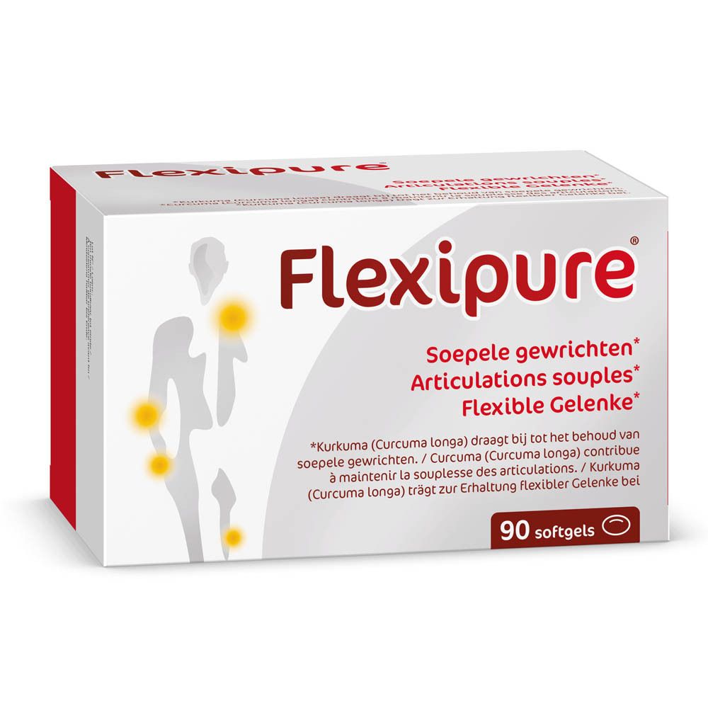 Boîte Flexipure. Contient 90 gélules. Informations sur les ingrédients et le fabricant sur l'emballage.
