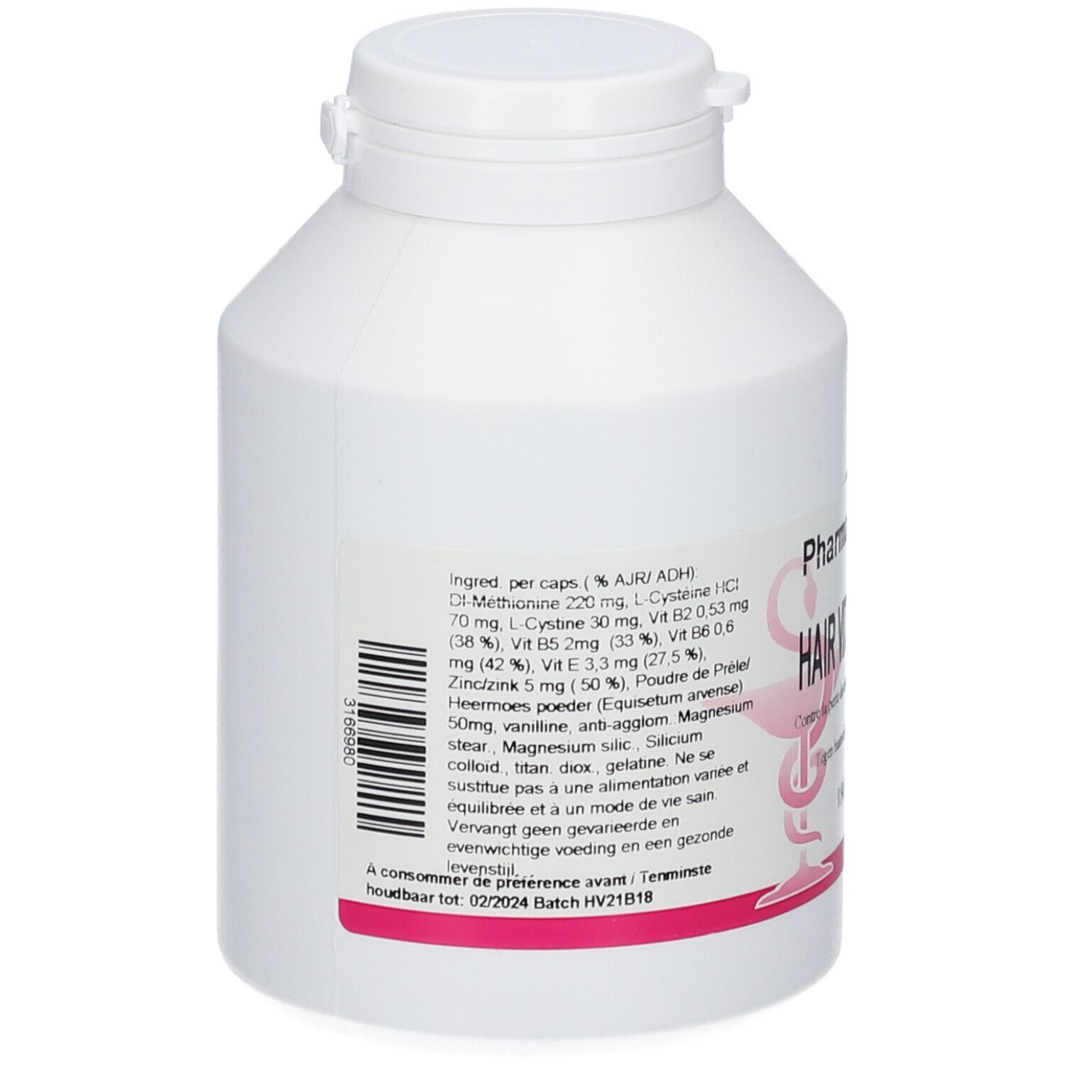 Flacon blanc avec bouchon à vis. Étiquette rose avec ingrédients et date de péremption. Code-barres sur le côté.