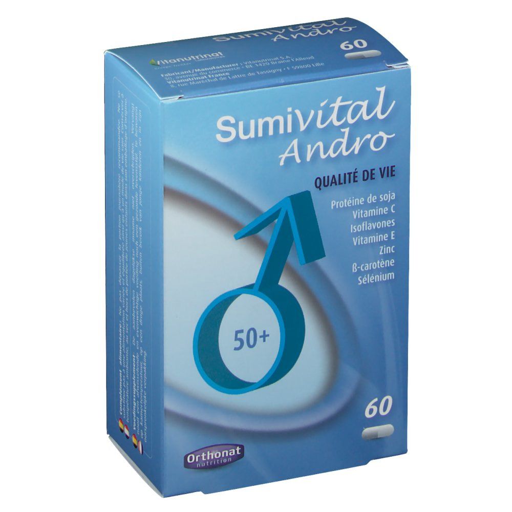 Boîte bleue et blanche Sumivital Andro, 60 gélules. Contient protéine de soja, vitamine C, isoflavones, vitamine E, zinc, bêta-carotène, sélénium. Symbole masculin.