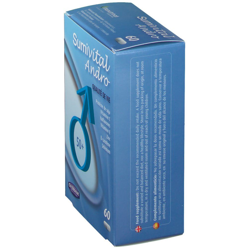 Boîte bleue Sumivital Andro, 60 gélules. Texte: 'QUALITÉ DE VIE'. Contient protéine de soja, vitamine C, isoflavones, vitamine E, zinc, bêta-carotène, sélénium. Symbole masculin.