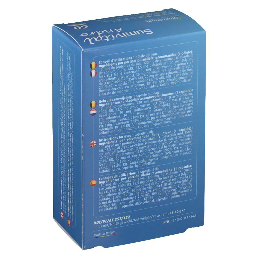 Boîte bleue Sumivital Andro, 60 gélules. Dos avec informations nutritionnelles et instructions en plusieurs langues. Poids net 48,40 g.