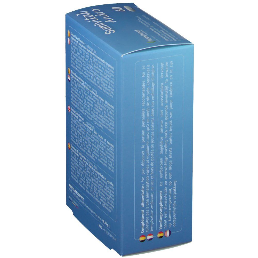 Boîte bleue Sumivital Andro, 60 gélules. Contient des informations sur la dose quotidienne recommandée. Avertissements en plusieurs langues. Informations fabricant.