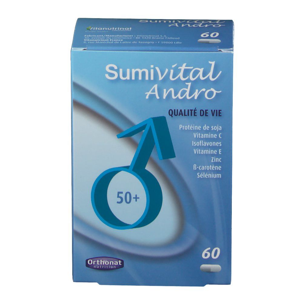 Boîte bleue Sumivital Andro, 60 gélules. Logo, nom du produit et ingrédients: protéine de soja, vitamine C, isoflavones, vitamine E, zinc, bêta-carotène, sélénium. Symbole masculin.