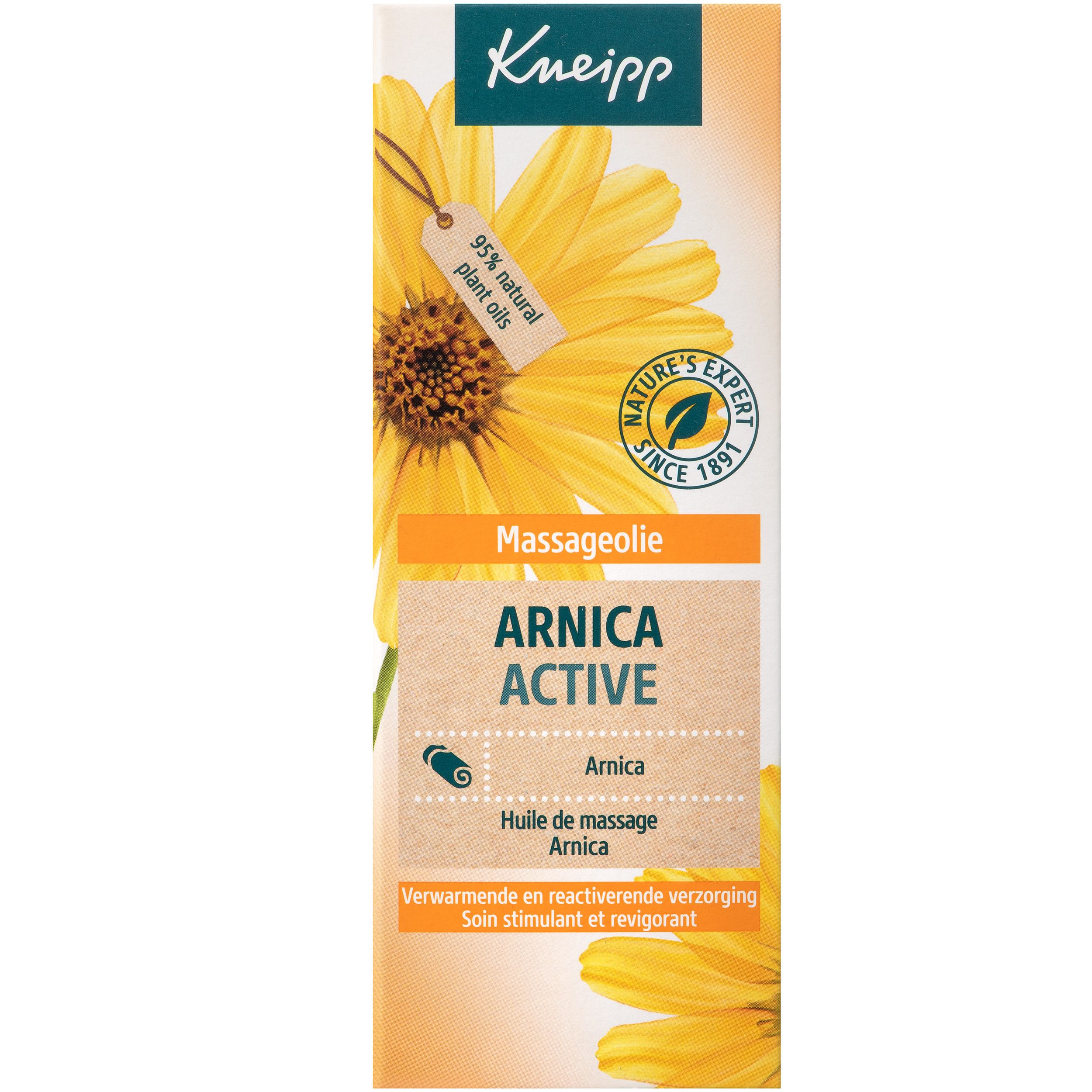 Huile de massage Arnica Kneipp®. Flacon avec bouchon vert. Nom du produit et logo sur l'étiquette.