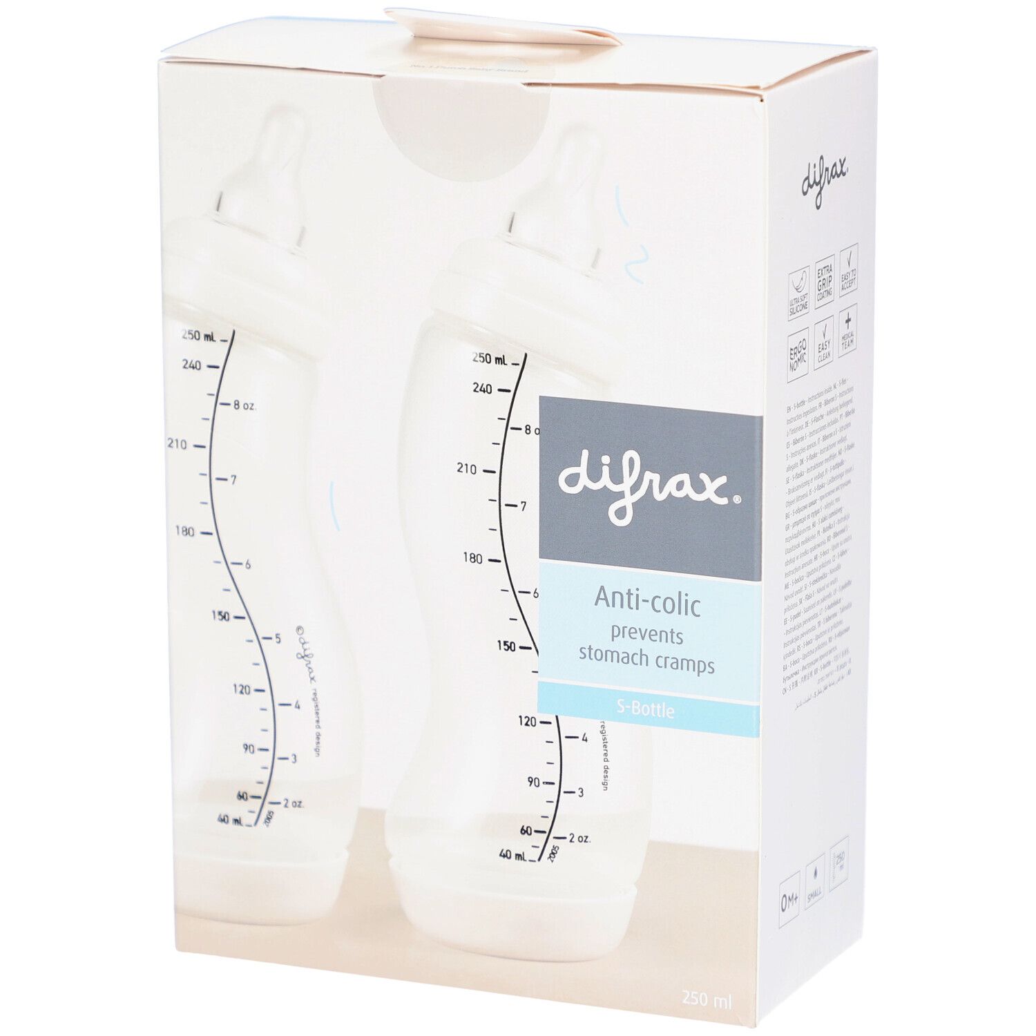 Emballage avec deux biberons transparents. Échelle de mesure visible. Marque Difrax. Anti-colique.