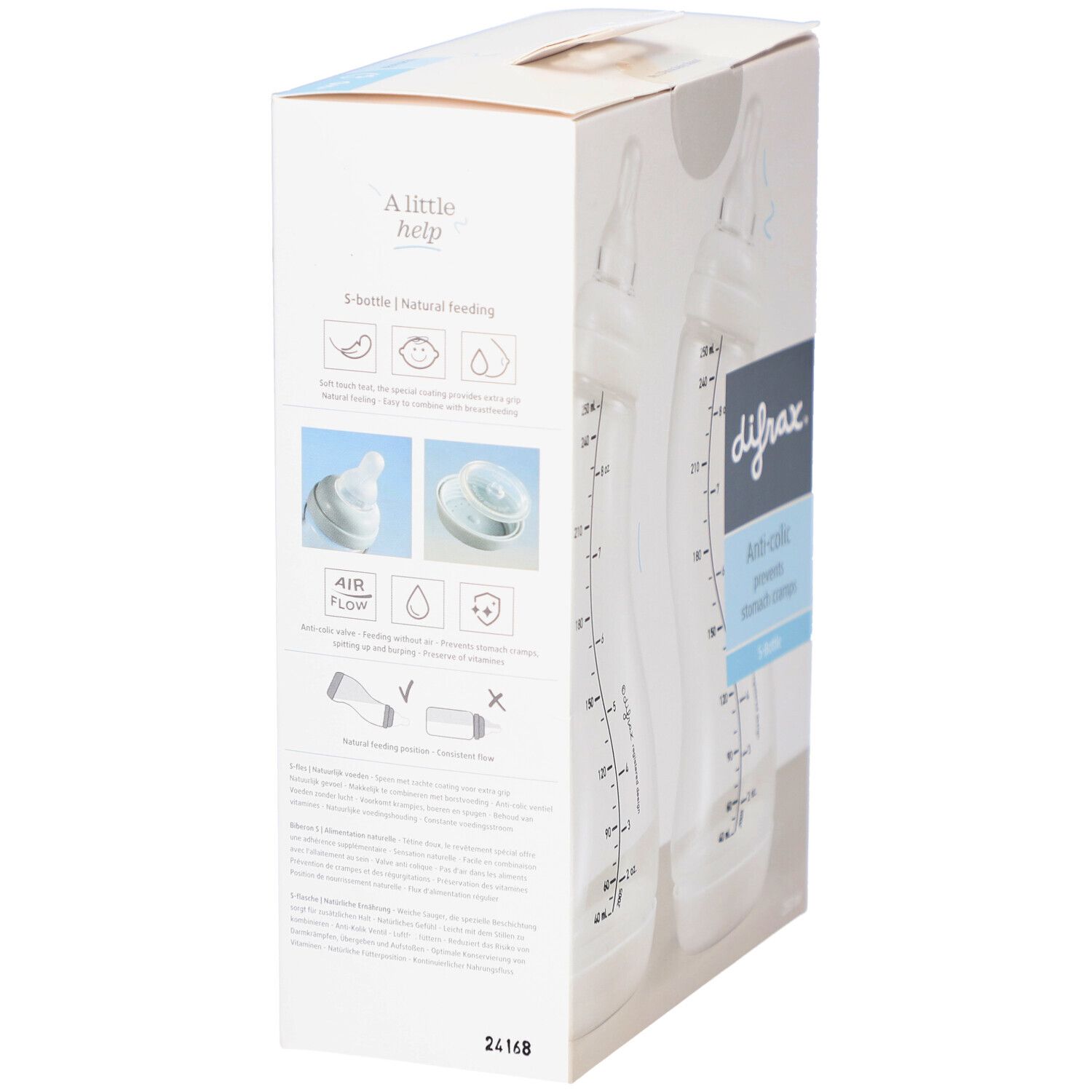 Emballage avec deux biberons. Marque Difrax. Fonction anti-colique. Illustrations d'utilisation.