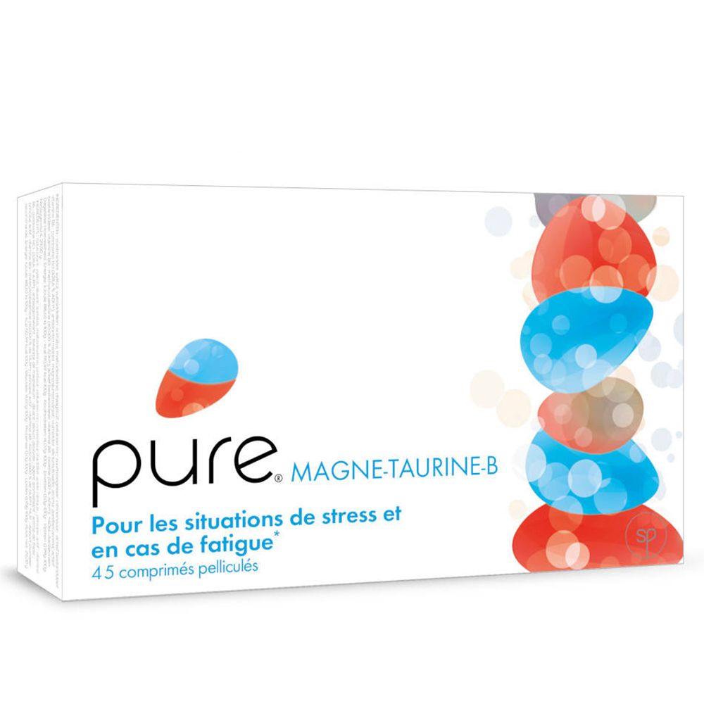 Boîte blanche avec impression du produit. Inscription : pure. MAGNE-TAURINE-B. Texte : Pour les situations de stress et en cas de fatigue. 45 comprimés pelliculés.