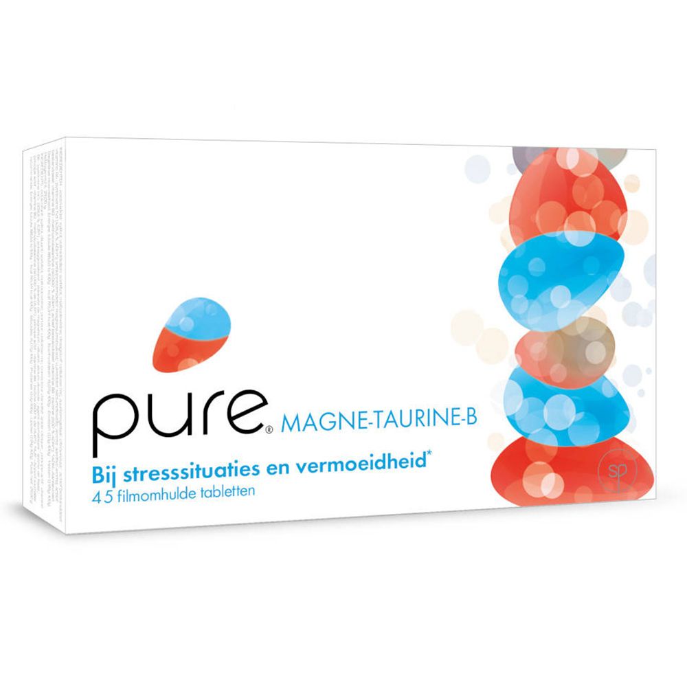 Boîte blanche avec impression du produit. Inscription : pure. MAGNE-TAURINE-B. Texte : Bij stresssituaties en vermoeidheid. 45 filmomhulde tabletten.