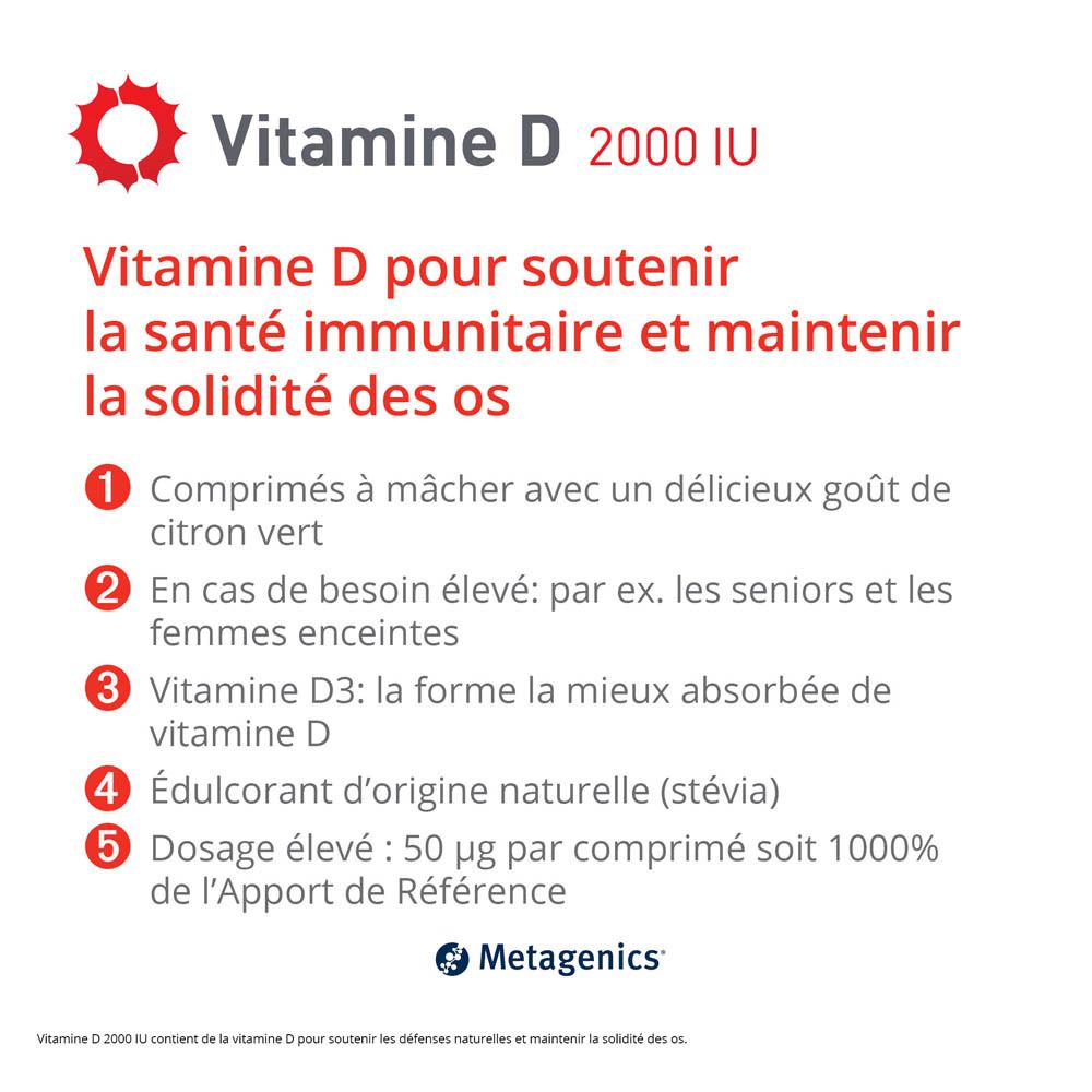 Boîte blanche "Vitamine D 2000 IU". Éléments rouges et verts. 168 comprimés à mâcher. Marque Metagenics.