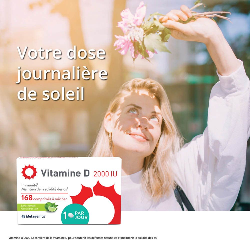 Boîte blanche "Vitamine D 2000 IU". Éléments rouges et verts. 168 comprimés à mâcher. Marque Metagenics.