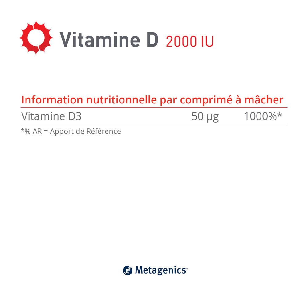 Boîte blanche "Vitamine D 2000 IU". Éléments rouges et verts. 168 comprimés à mâcher. Marque Metagenics.