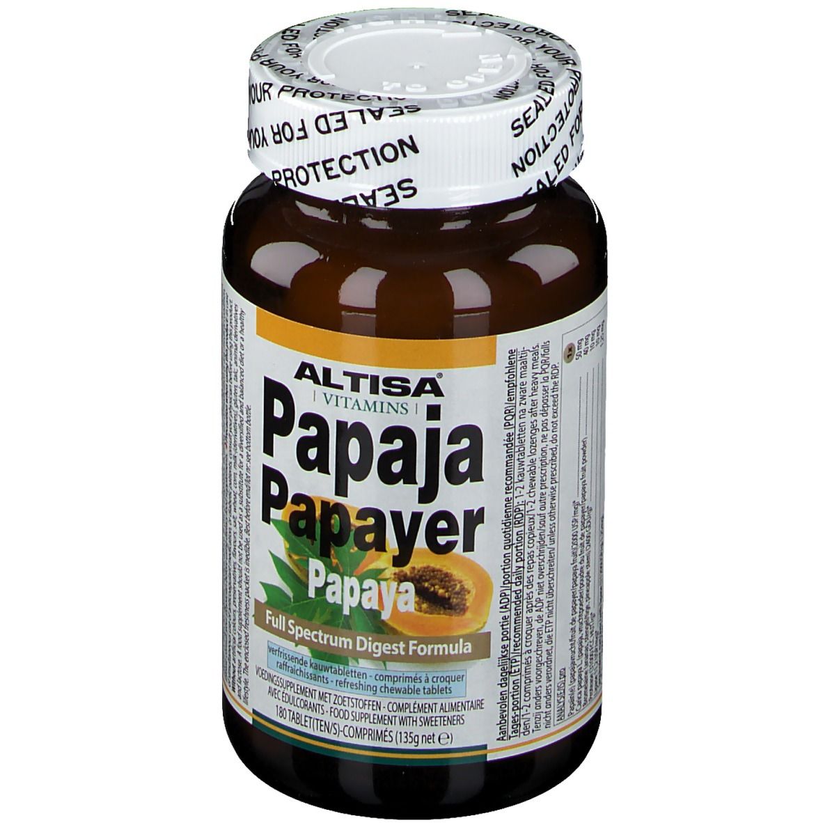 Flacon de comprimés brun avec couvercle blanc. Inscription : ALTISA Papaya. Sceau : SEALED FOR YOUR PROTECTION.