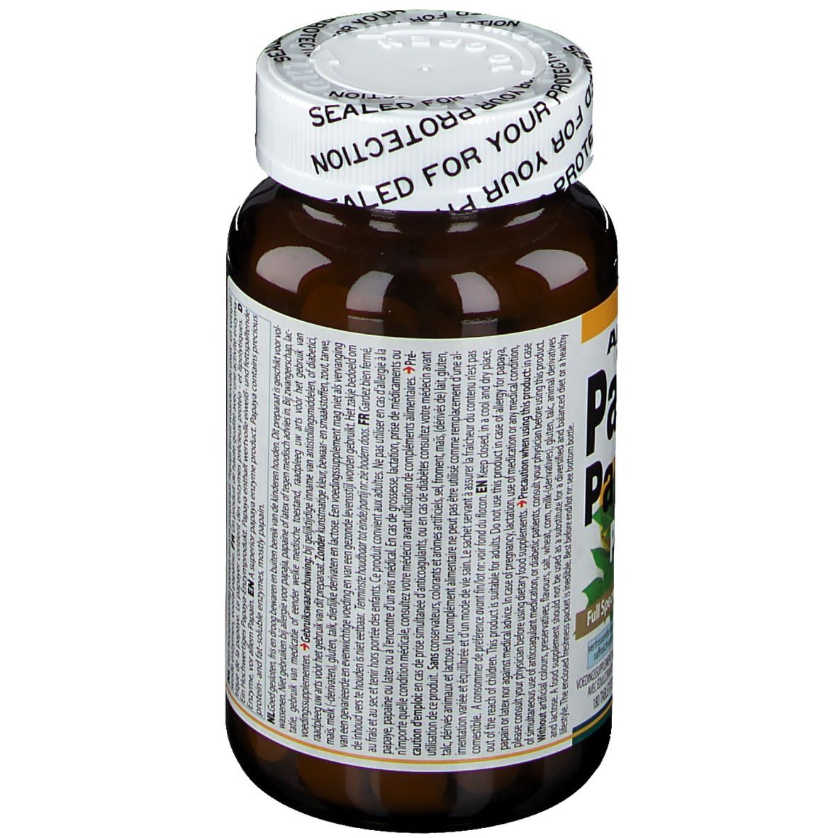 Flacon de comprimés brun avec couvercle blanc. Texte sur le flacon. Sceau : SEALED FOR YOUR PROTECTION.