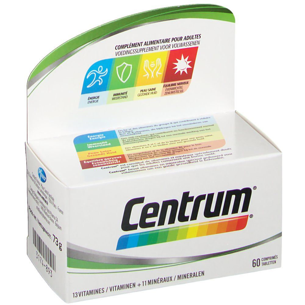 Boîte Centrum avec 60 comprimés. Inscription: 13 vitamines, 11 minéraux. Bandes colorées sous le logo.