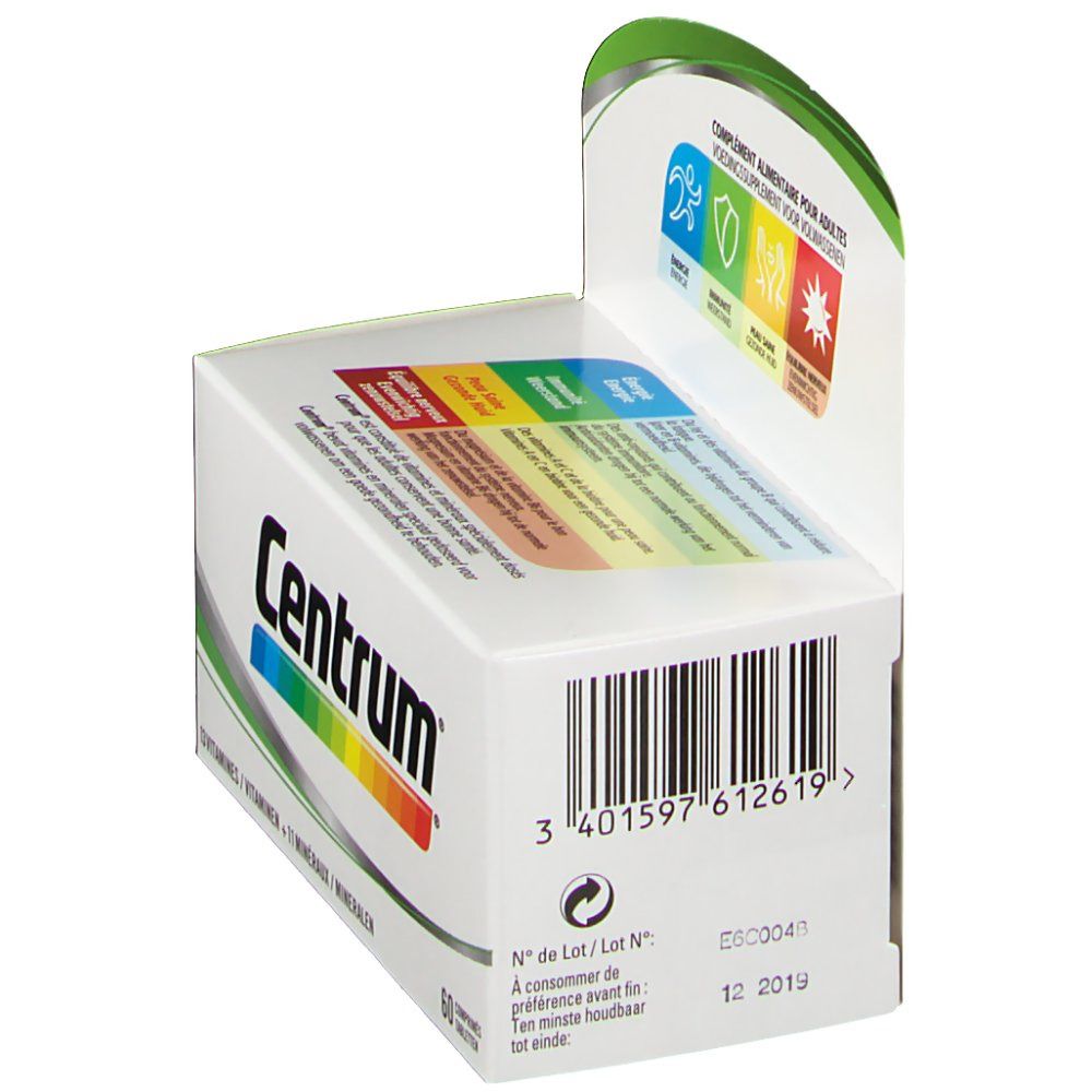Boîte Centrum, dos avec code-barres et date de péremption. Logo et bandes colorées visibles.