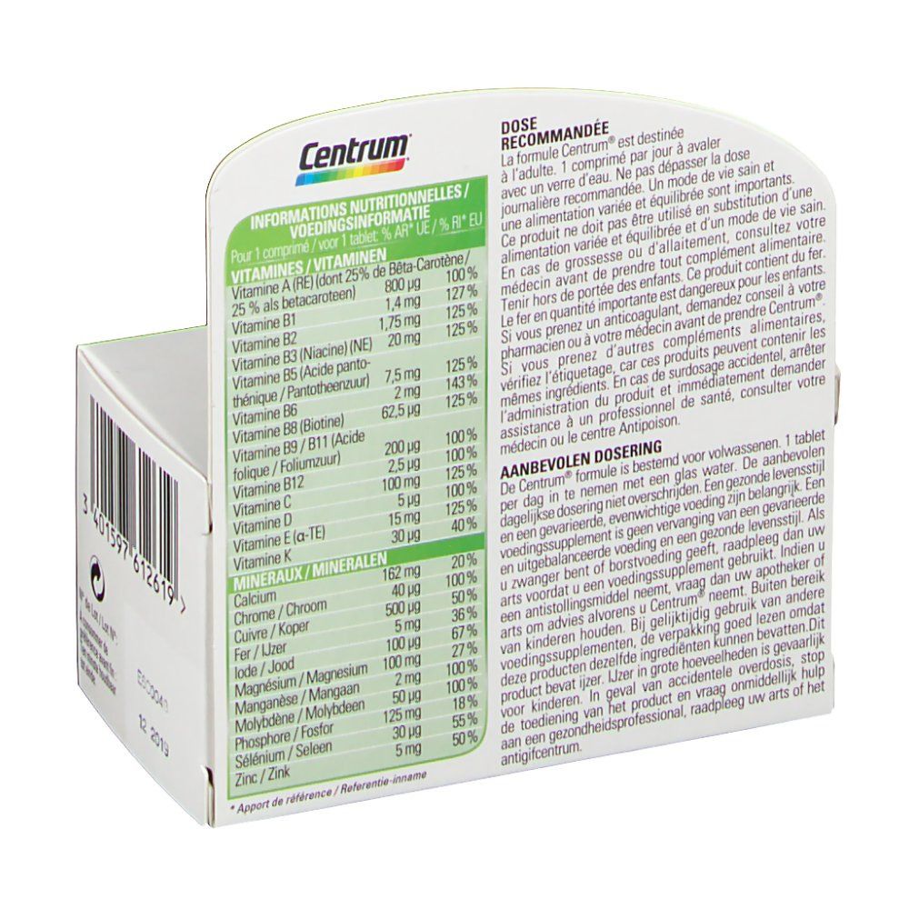 Boîte Centrum, détail des ingrédients et du dosage. Texte en plusieurs langues.