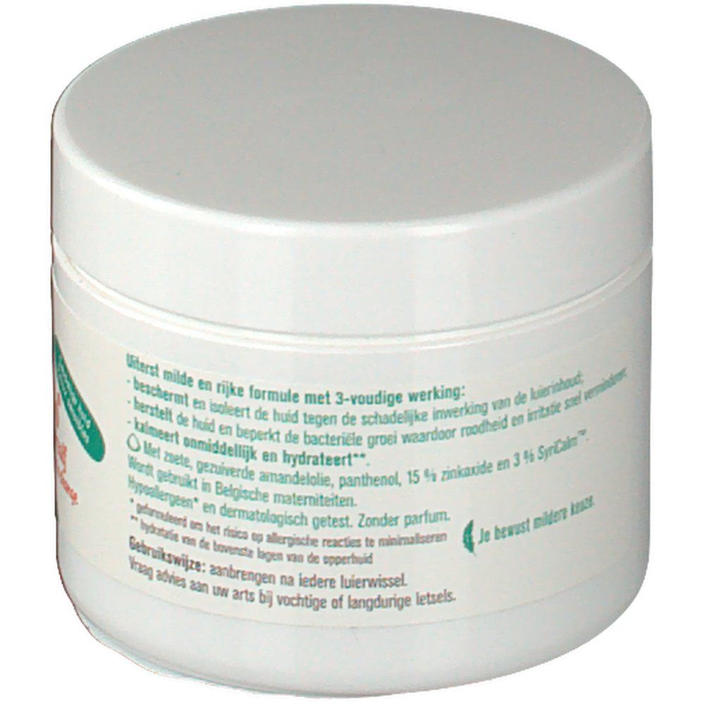 Pot rond blanc avec couvercle. Texte sur l'étiquette concernant les ingrédients et les effets du produit.