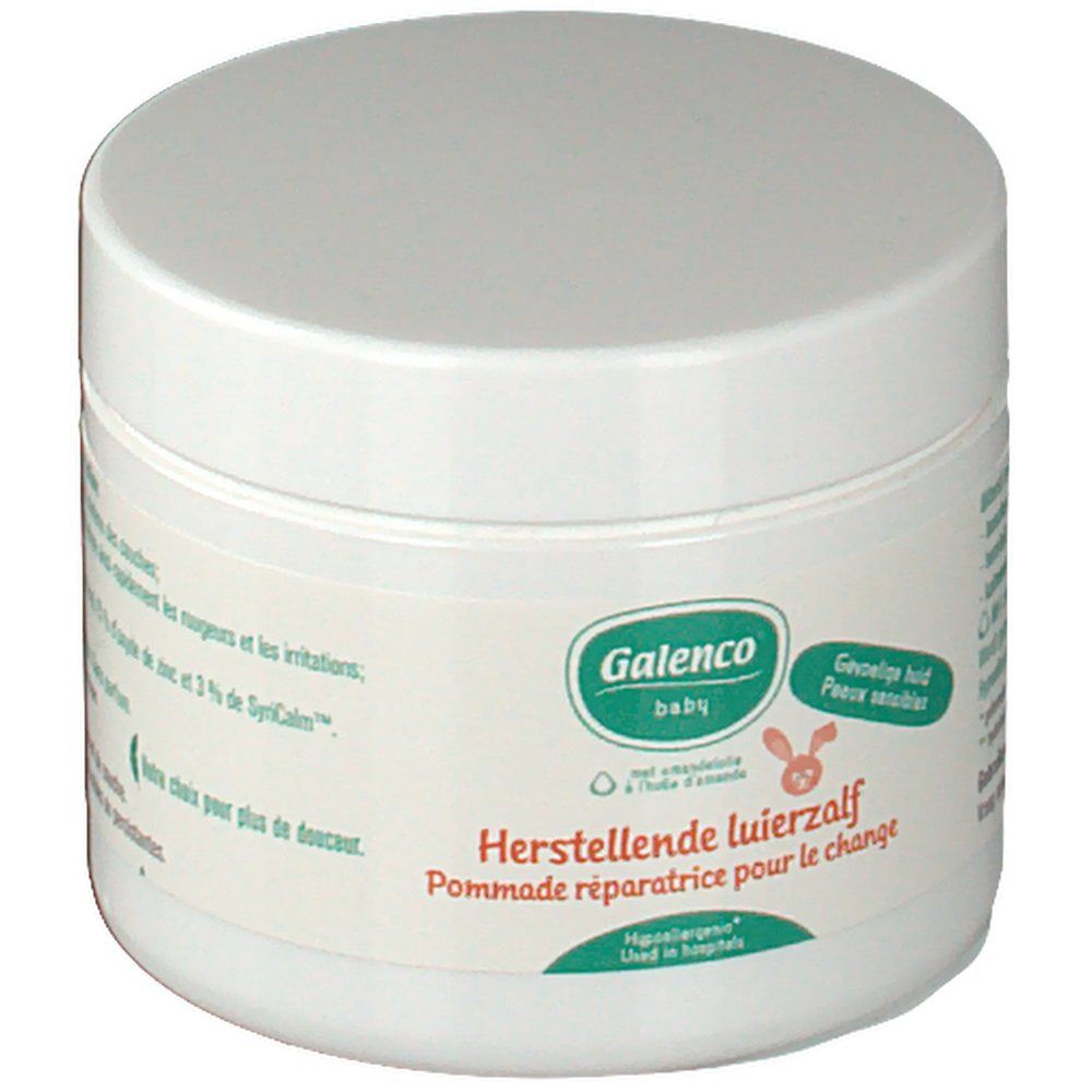 Pot rond blanc avec couvercle. L'étiquette indique "Galenco baby" et "Herstellende luierzalf Pommade réparatrice pour le change".